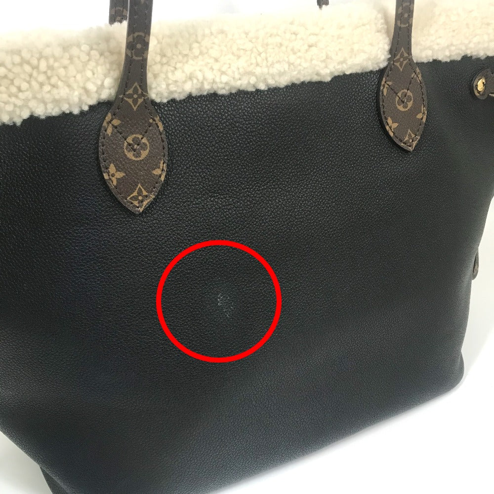 LOUIS VUITTON Tote Bag M56960 Calf leather black Shearling Monogram Flower LV Initials Neverfull MM Women Used Authentic