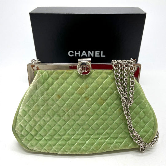 CHANEL Shoulder Bag Velor Green x Silver Metal COCO Mark Matrasse Women Used Authentic