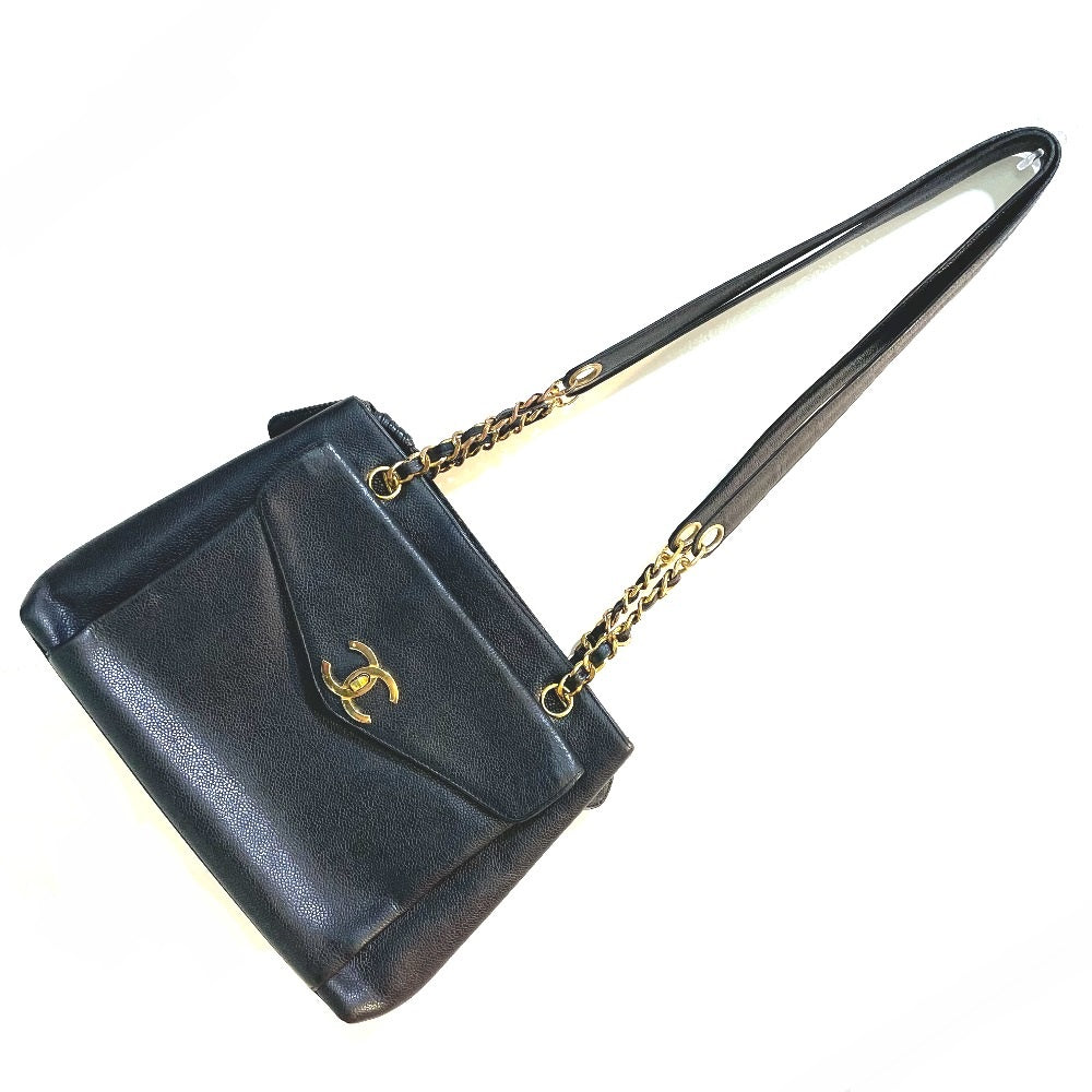CHANEL Shoulder Bag Caviar skin black CC COCO Mark Matrasse Women Used Authentic