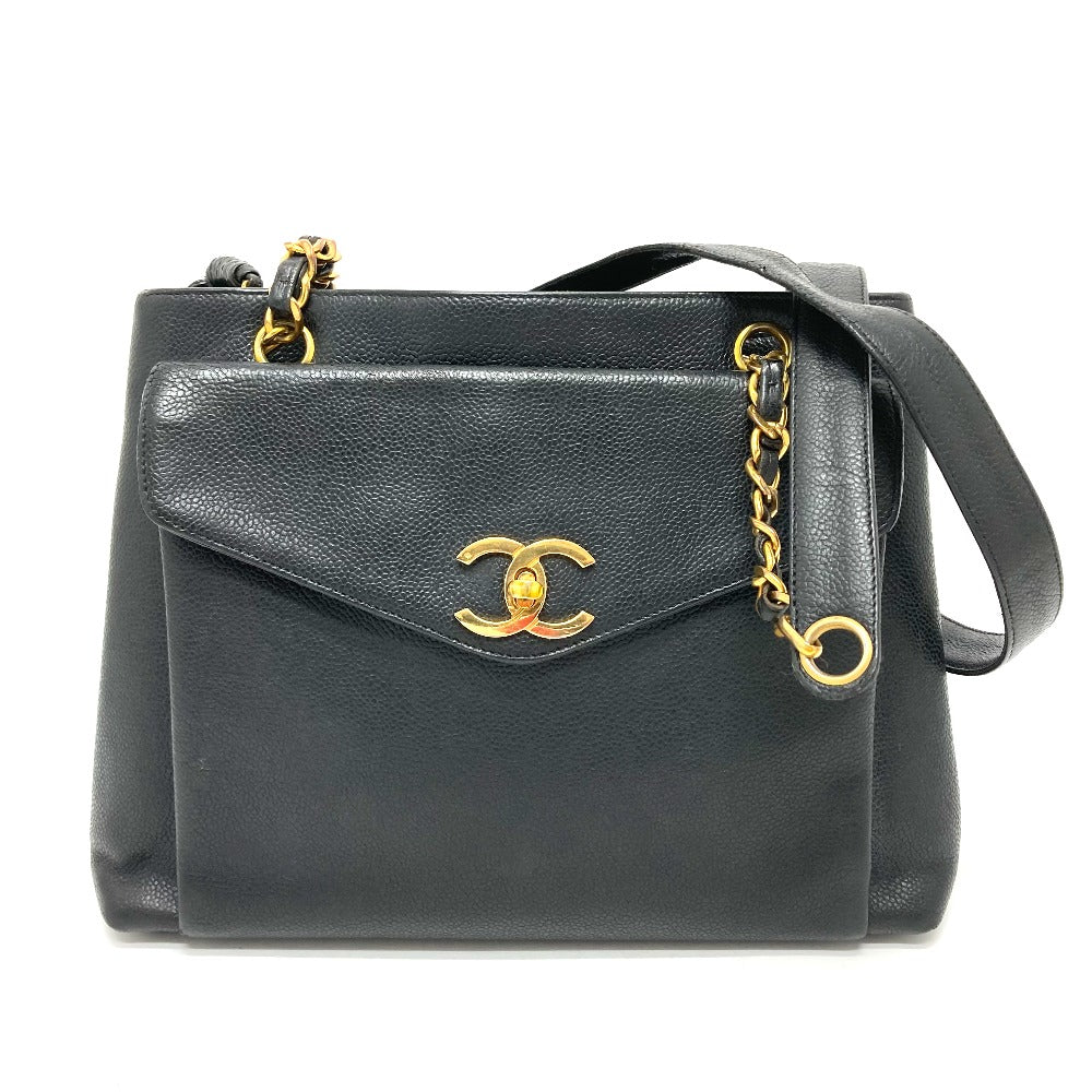 CHANEL Shoulder Bag Caviar skin black CC COCO Mark Matrasse Women Used Authentic