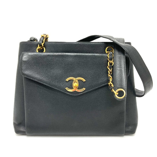 CHANEL Shoulder Bag Caviar skin black CC COCO Mark Matrasse Women Used Authentic