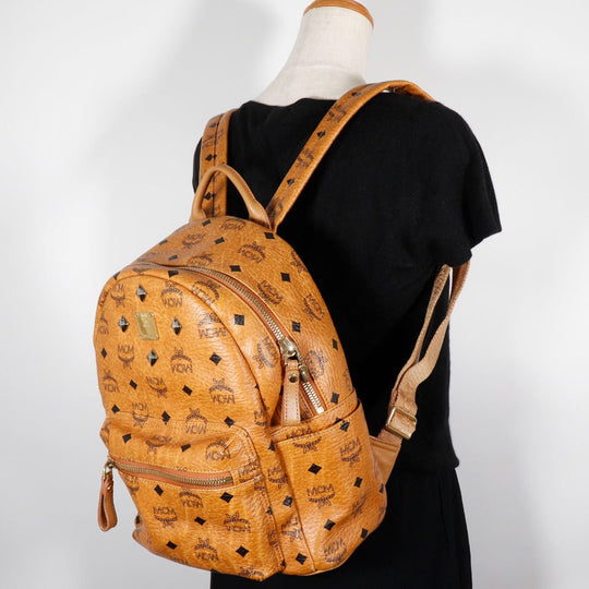 MCM Backpack MMK2AVE20 PVC Brown Studs Small Logogram Women Used Authentic