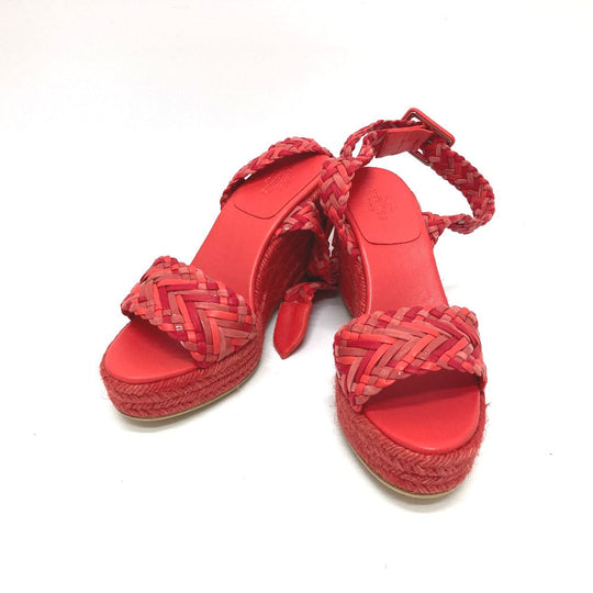 HERMES Sandals leather Red shoes wedge sole Mule 36