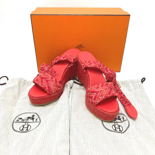 HERMES Sandals leather Red shoes wedge sole Mule 36