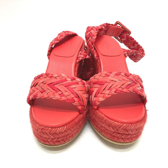 HERMES Sandals leather Red shoes wedge sole Mule 36