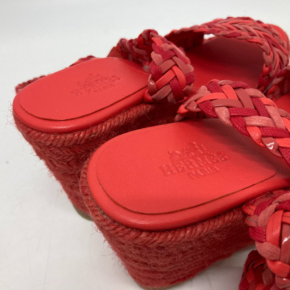 HERMES Sandals leather Red shoes wedge sole Mule 36