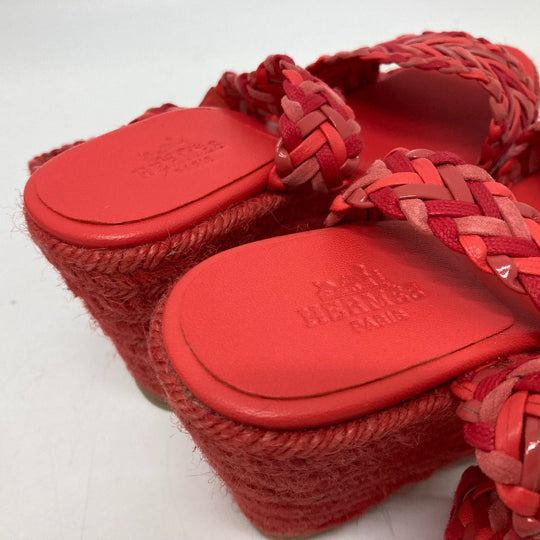 HERMES Sandals leather Red shoes wedge sole Mule 36