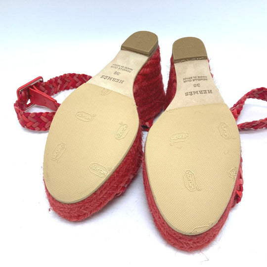 HERMES Sandals leather Red shoes wedge sole Mule 36