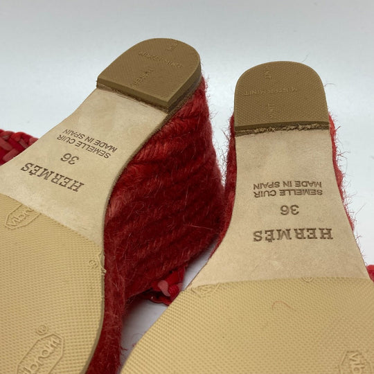 HERMES Sandals leather Red shoes wedge sole Mule 36