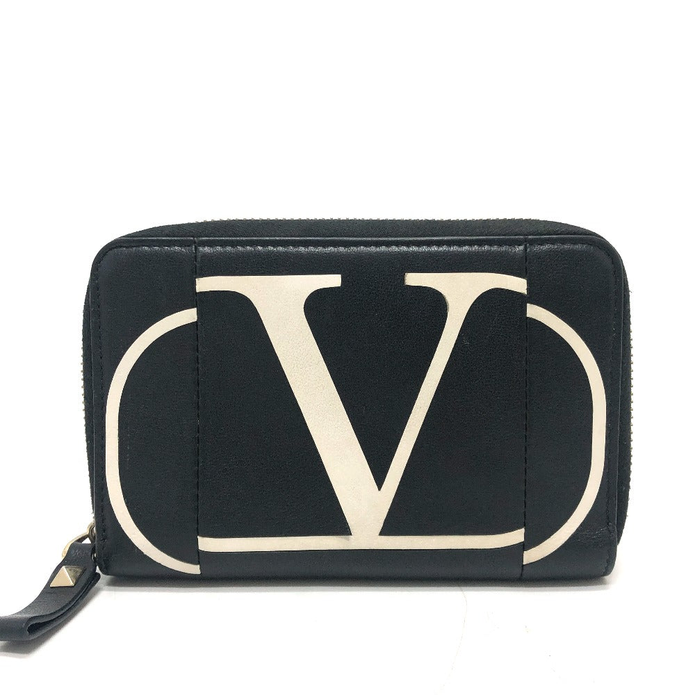 VALENTINO Folded wallet leather black V logo mens Used Authentic