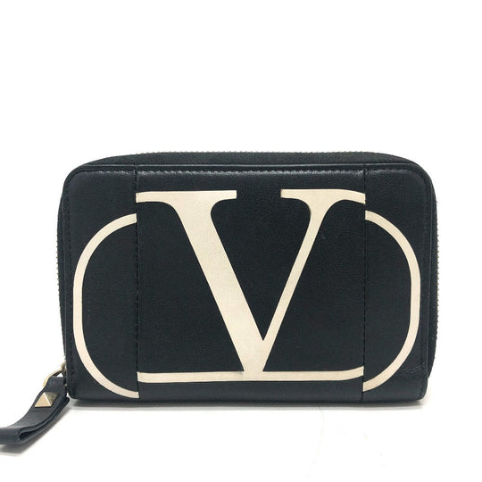 VALENTINO Folded wallet leather black V logo mens Used Authentic