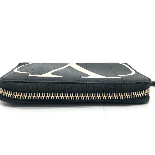 VALENTINO Folded wallet leather black V logo mens Used Authentic