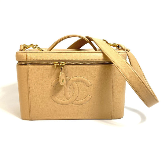CHANEL Shoulder Bag Caviar skin beige CC COCO Mark Vanity bag Women Used Authentic