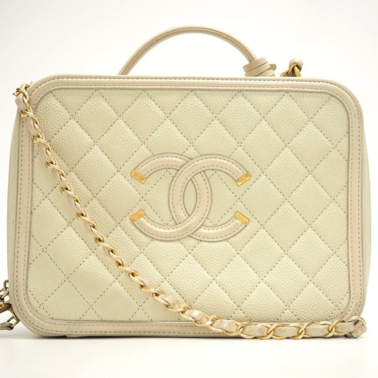 CHANEL Shoulder Bag Matt caviar skin beige CC filigree vanity COCO Mark Women Used Authentic