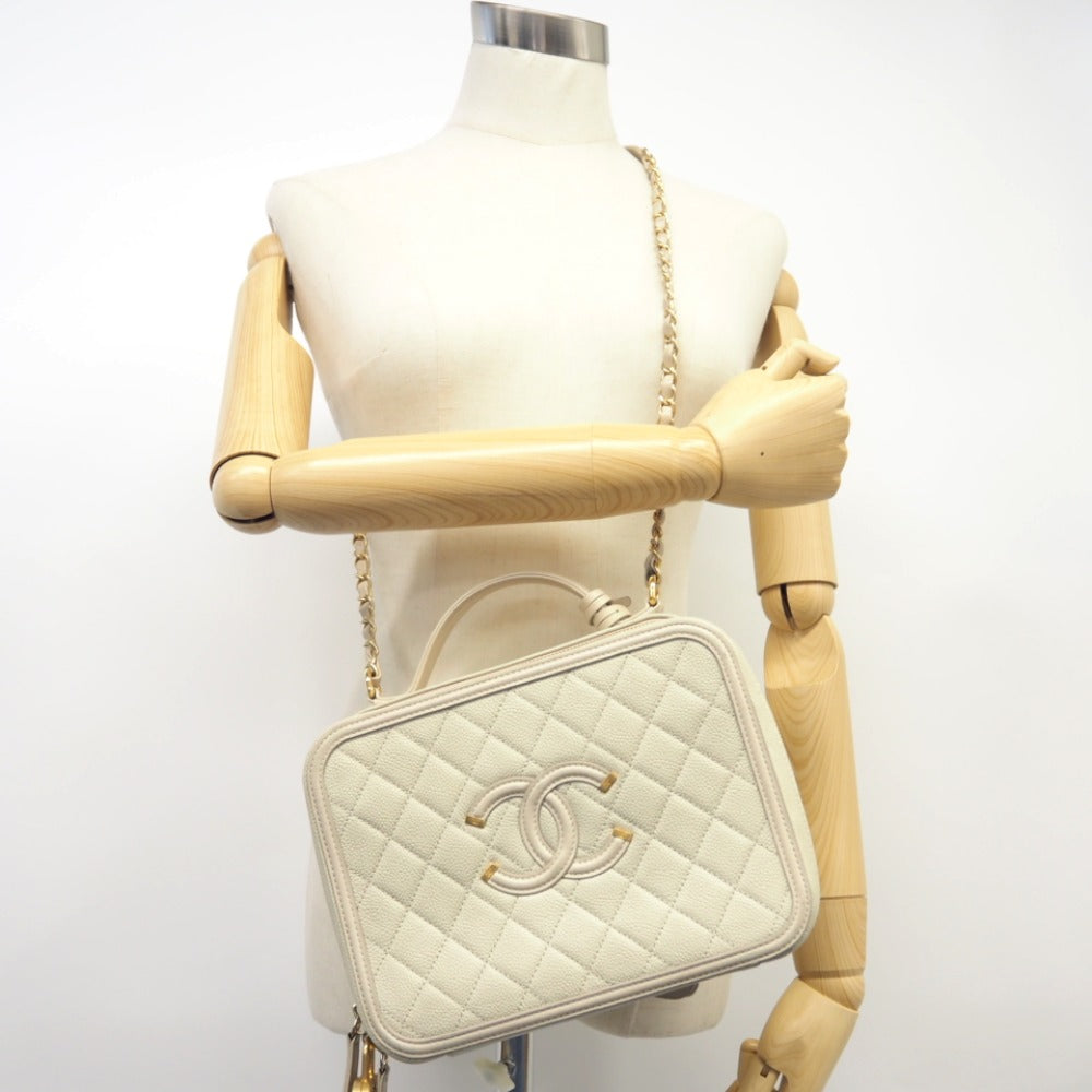CHANEL Shoulder Bag Matt caviar skin beige CC filigree vanity COCO Mark Women Used Authentic