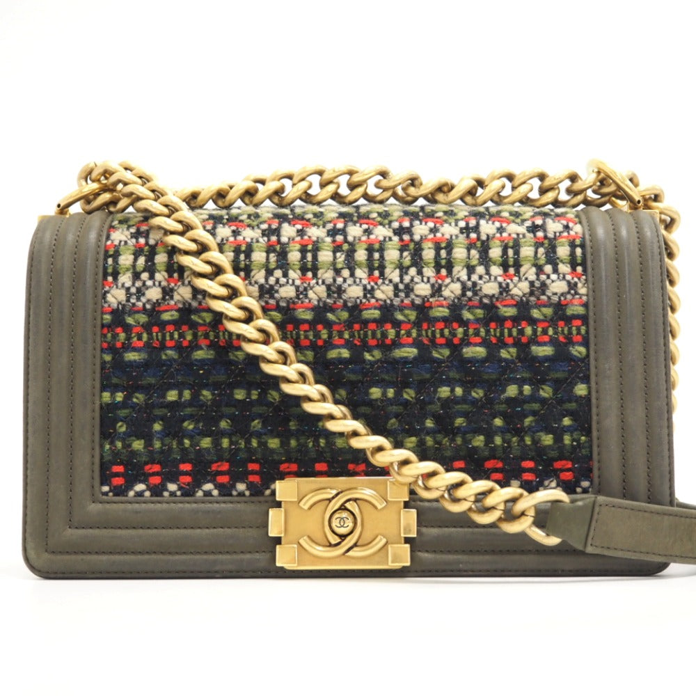 CHANEL Shoulder Bag Leather, Tweed khaki ChainShoulder COCO Mark Boy Chanel Women Used Authentic