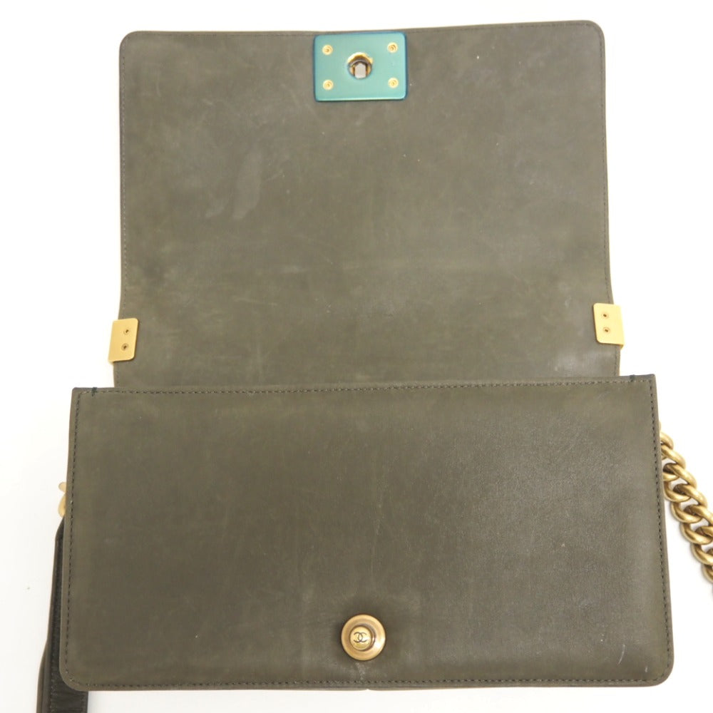 CHANEL Shoulder Bag Leather, Tweed khaki ChainShoulder COCO Mark Boy Chanel Women Used Authentic