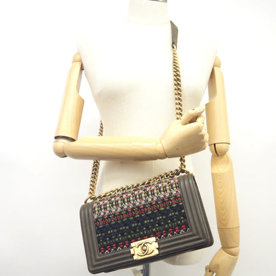 CHANEL Shoulder Bag Leather, Tweed khaki ChainShoulder COCO Mark Boy Chanel Women Used Authentic