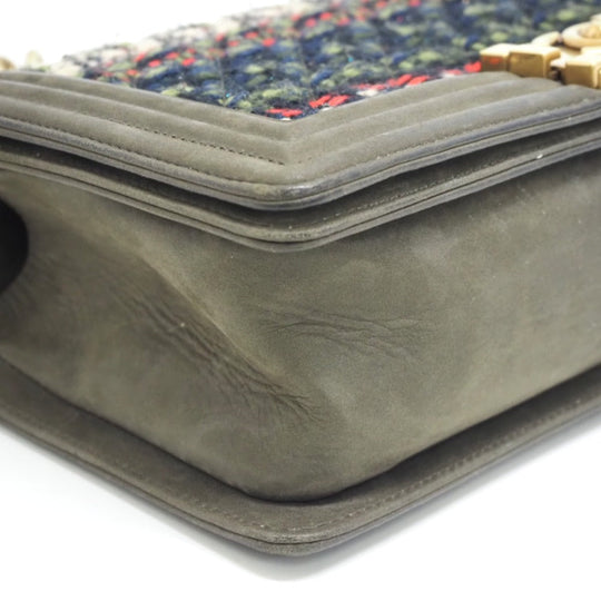 CHANEL Shoulder Bag Leather, Tweed khaki ChainShoulder COCO Mark Boy Chanel Women Used Authentic