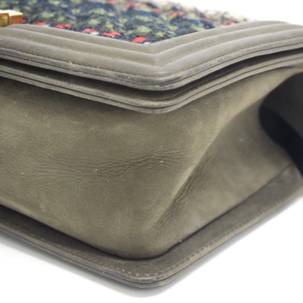 CHANEL Shoulder Bag Leather, Tweed khaki ChainShoulder COCO Mark Boy Chanel Women Used Authentic