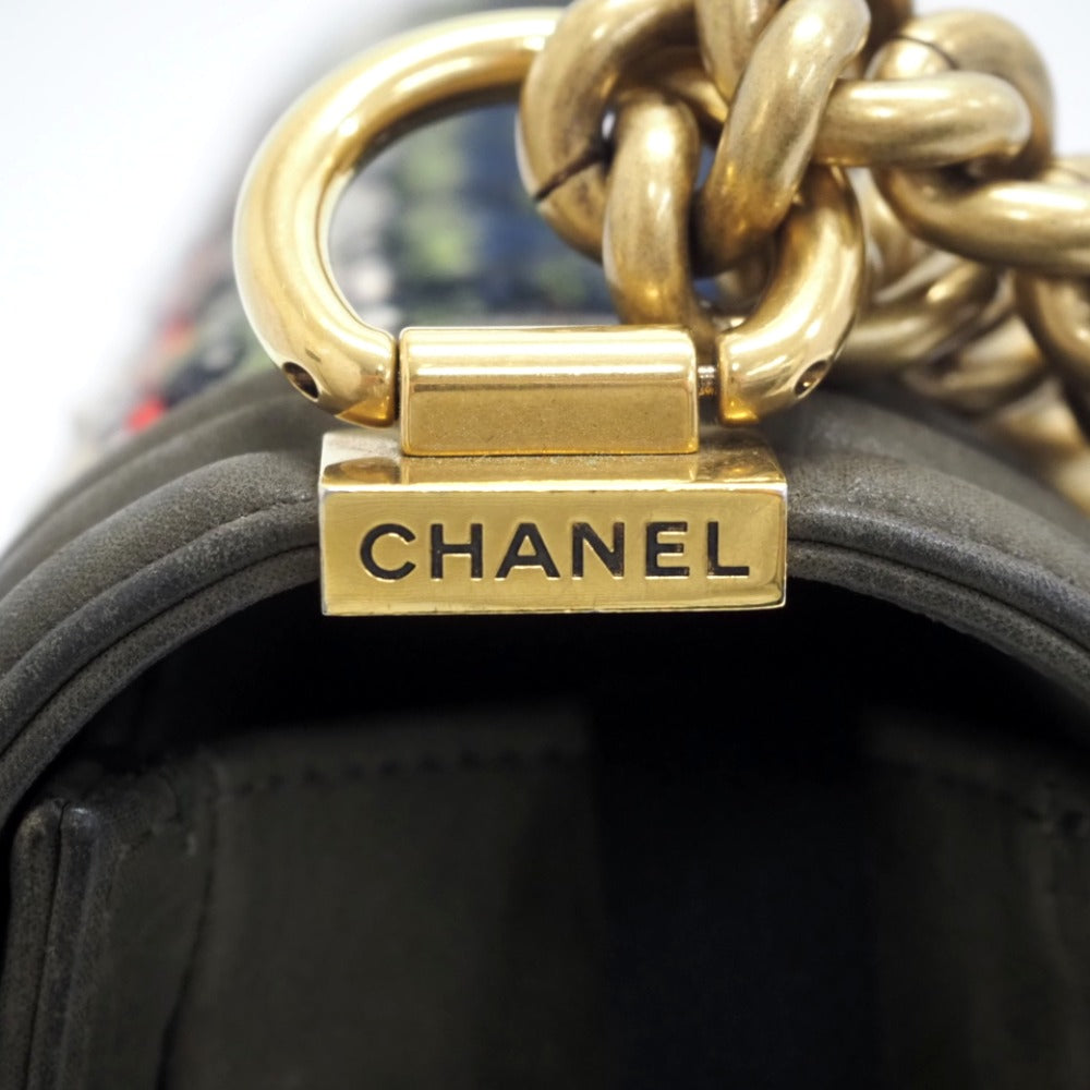 CHANEL Shoulder Bag Leather, Tweed khaki ChainShoulder COCO Mark Boy Chanel Women Used Authentic