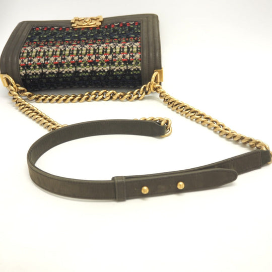 CHANEL Shoulder Bag Leather, Tweed khaki ChainShoulder COCO Mark Boy Chanel Women Used Authentic