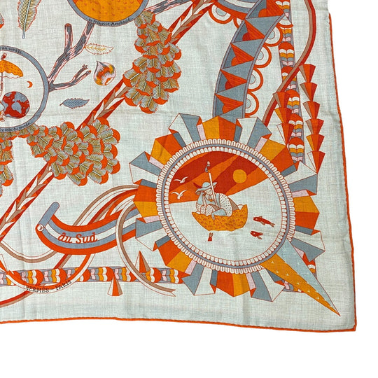 HERMES scarf Cashmere, Silk Orange L'OMBRELLE MAGIQUE Magic wand umbrella Caregean Women 140 Used Authentic
