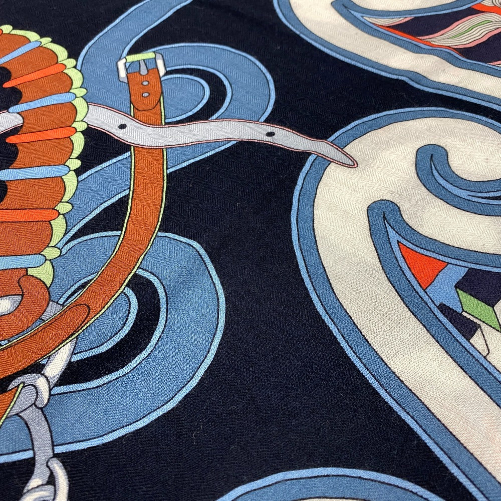 HERMES scarf Cashmere, Silk Navy Harnais en Rosace Harness rose window Caregean Women Used Authentic