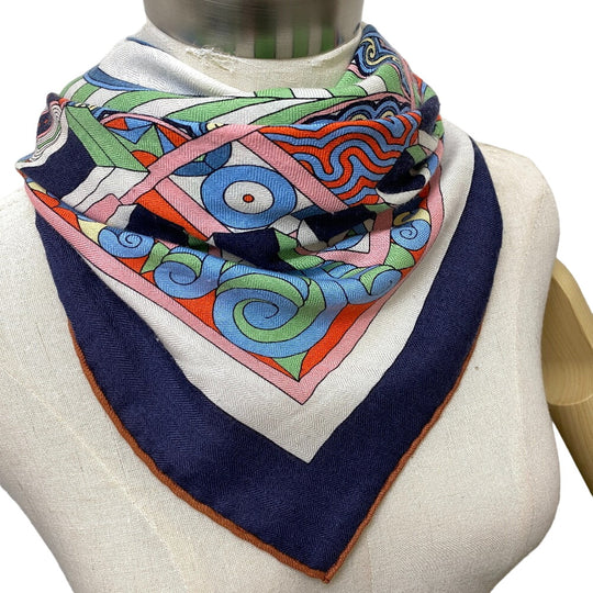HERMES scarf Cashmere, Silk Navy Harnais en Rosace Harness rose window Caregean Women Used Authentic