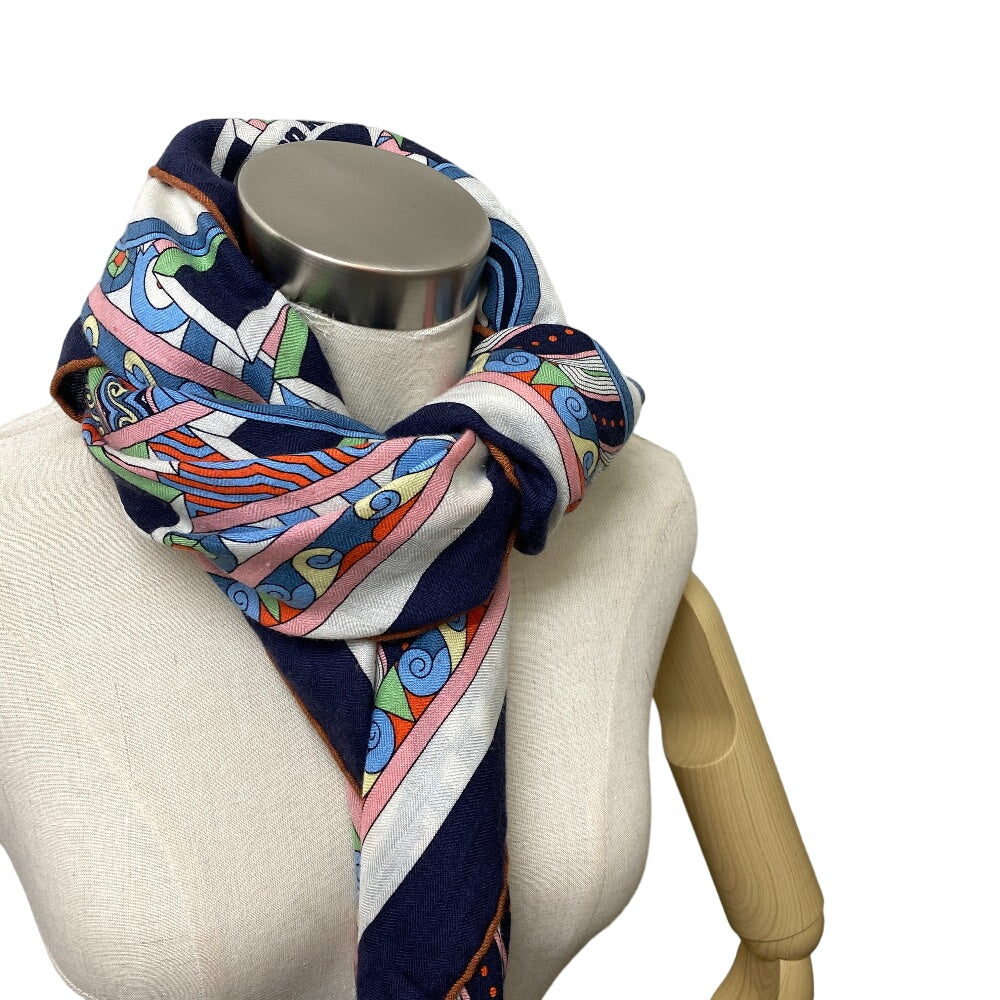 HERMES scarf Cashmere, Silk Navy Harnais en Rosace Harness rose window Caregean Women Used Authentic