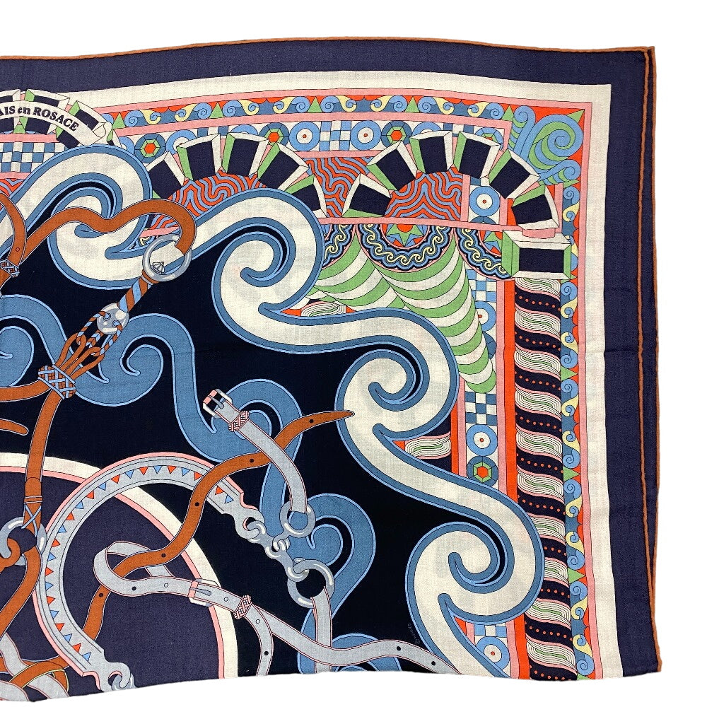 HERMES scarf Cashmere, Silk Navy Harnais en Rosace Harness rose window Caregean Women Used Authentic