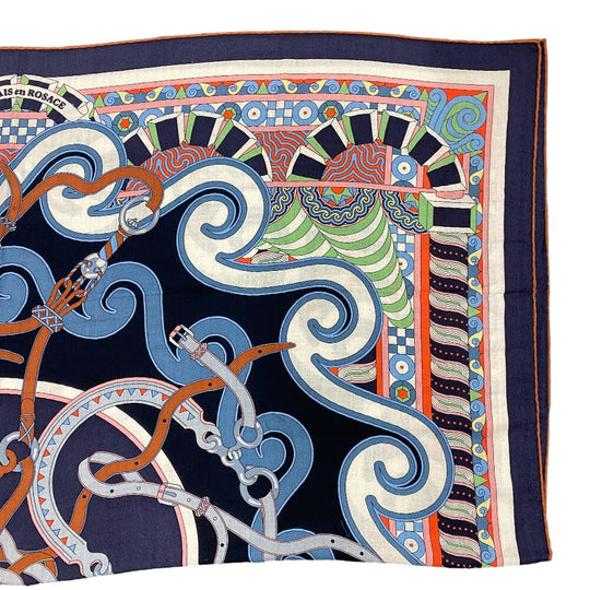 HERMES scarf Cashmere, Silk Navy Harnais en Rosace Harness rose window Caregean Women Used Authentic