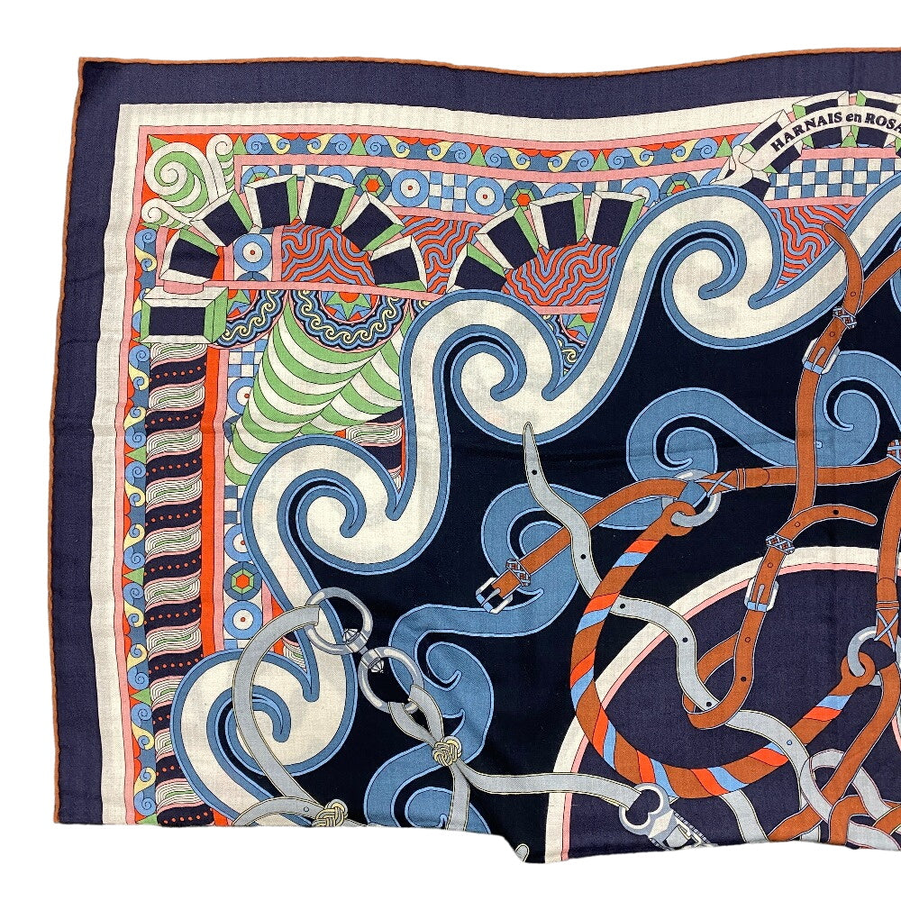 HERMES scarf Cashmere, Silk Navy Harnais en Rosace Harness rose window Caregean Women Used Authentic