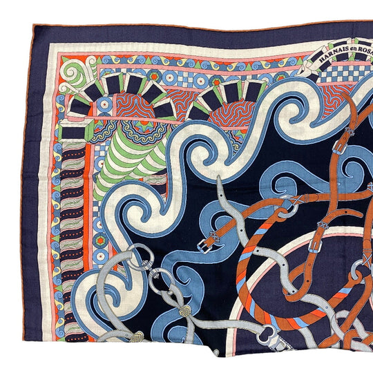 HERMES scarf Cashmere, Silk Navy Harnais en Rosace Harness rose window Caregean Women Used Authentic
