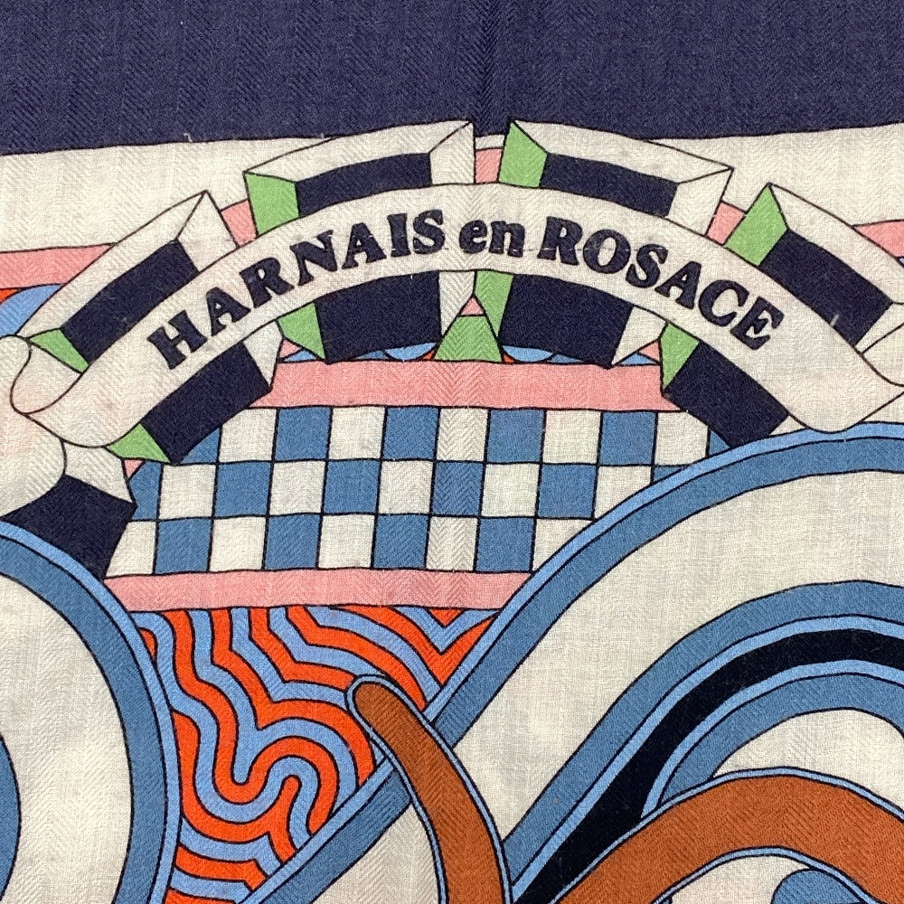 HERMES scarf Cashmere, Silk Navy Harnais en Rosace Harness rose window Caregean Women Used Authentic