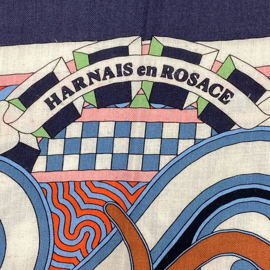 HERMES scarf Cashmere, Silk Navy Harnais en Rosace Harness rose window Caregean Women Used Authentic