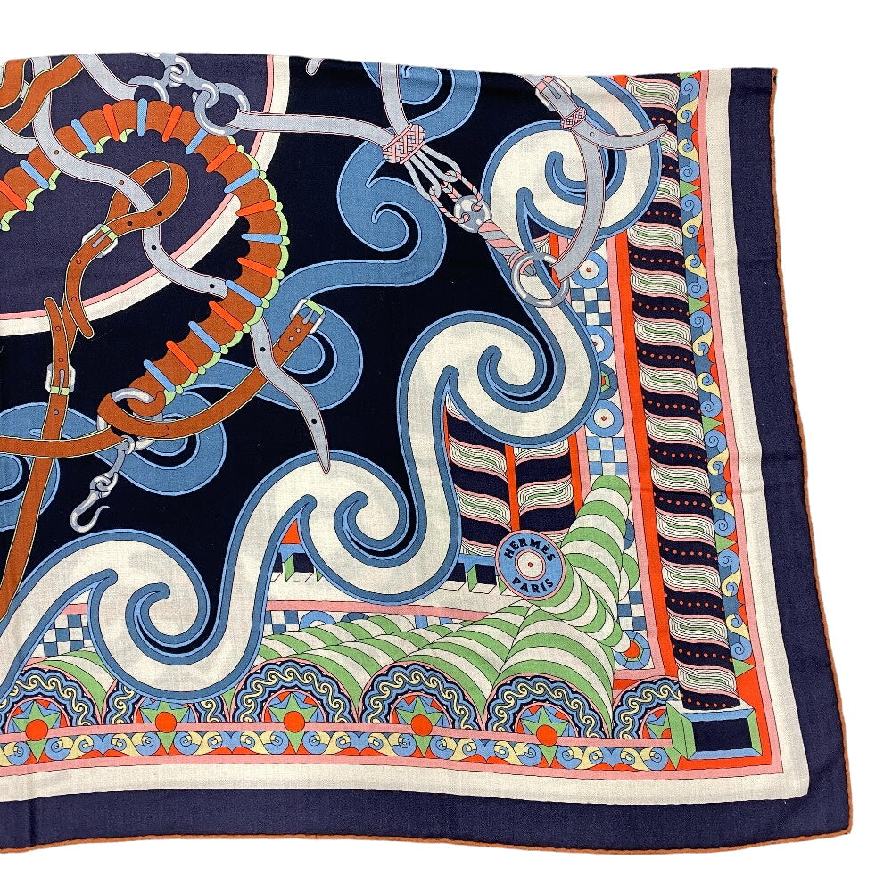 HERMES scarf Cashmere, Silk Navy Harnais en Rosace Harness rose window Caregean Women Used Authentic