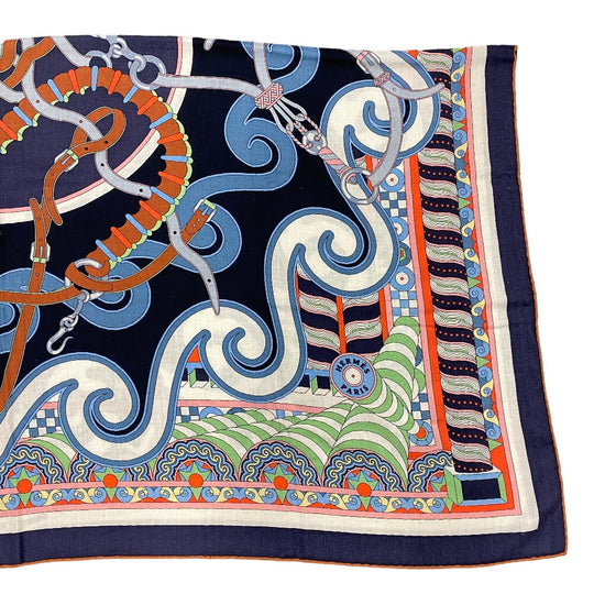 HERMES scarf Cashmere, Silk Navy Harnais en Rosace Harness rose window Caregean Women Used Authentic