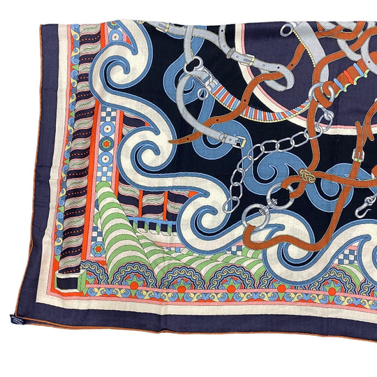 HERMES scarf Cashmere, Silk Navy Harnais en Rosace Harness rose window Caregean Women Used Authentic