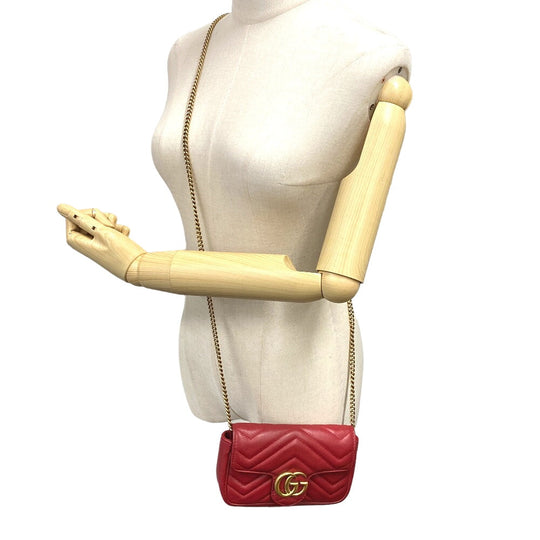 GUCCI Shoulder Bag 476433 leather Red ChainShoulder GG Marmont Women Used Authentic