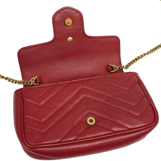 GUCCI Shoulder Bag 476433 leather Red ChainShoulder GG Marmont Women Used Authentic