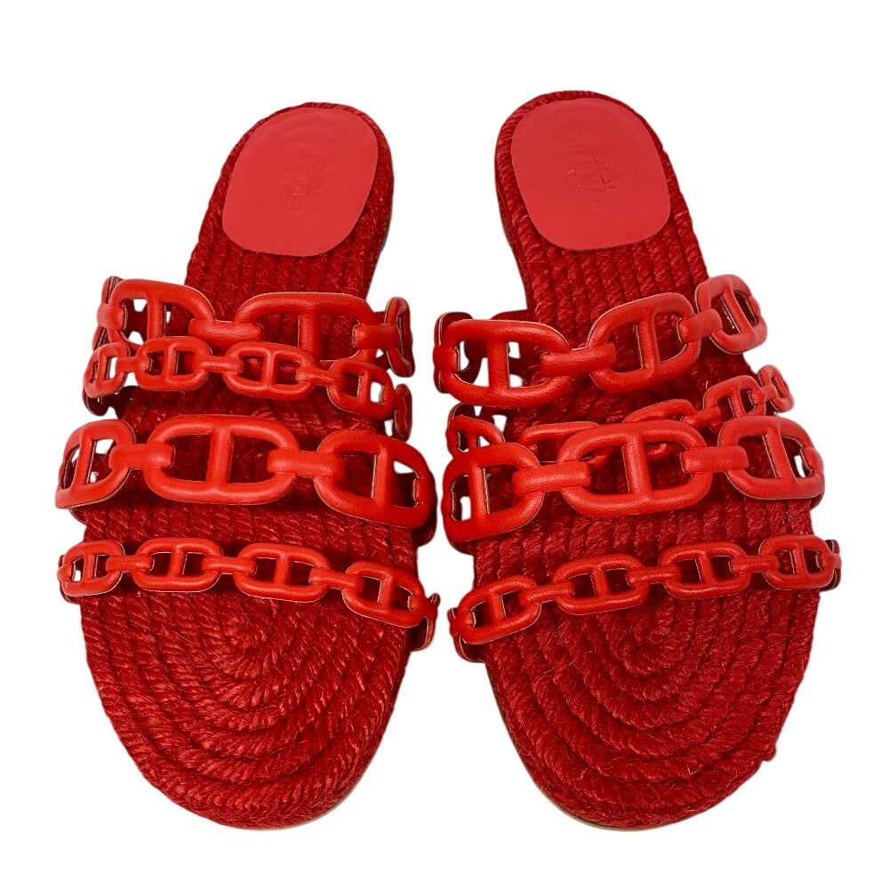HERMES Sandals leather Red Espadrille Ancone Chene Dunkle Women 34 Used Authentic