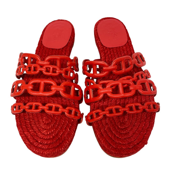 HERMES Sandals leather Red Espadrille Ancone Chene Dunkle Women 34 Used Authentic