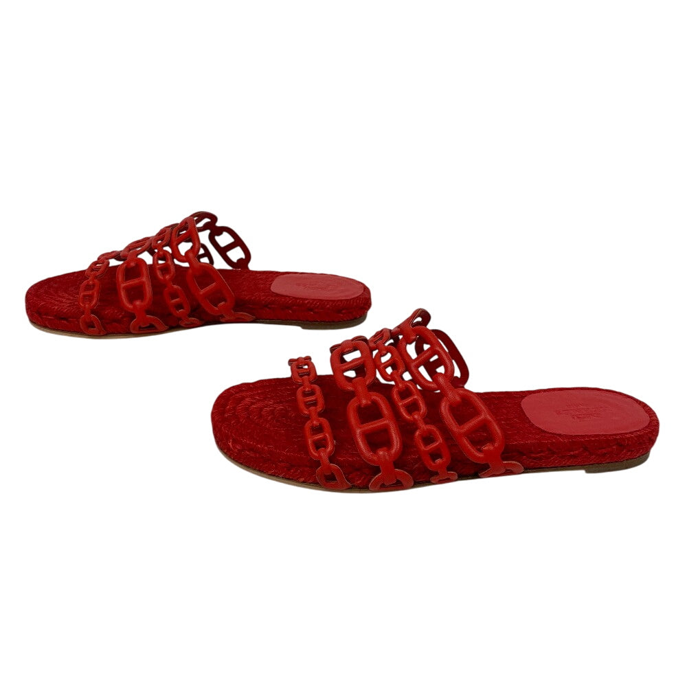 HERMES Sandals leather Red Espadrille Ancone Chene Dunkle Women 34 Used Authentic