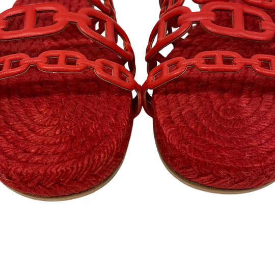 HERMES Sandals leather Red Espadrille Ancone Chene Dunkle Women 34 Used Authentic