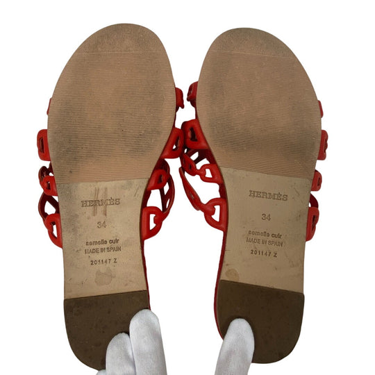 HERMES Sandals leather Red Espadrille Ancone Chene Dunkle Women 34 Used Authentic