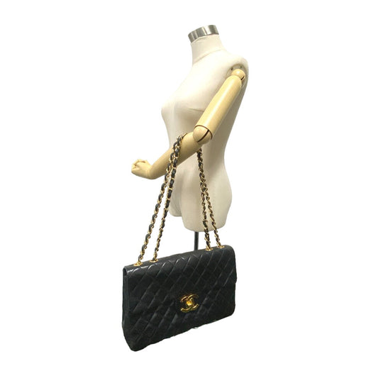CHANEL Shoulder Bag lambskin black Single flap Double Chain COCO Mark Deca Trasse Women Used Authentic