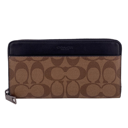 COACH Long Wallet Purse PVC coated canvas, leather Brown accordion Signature Zip around mens Used Authentic
