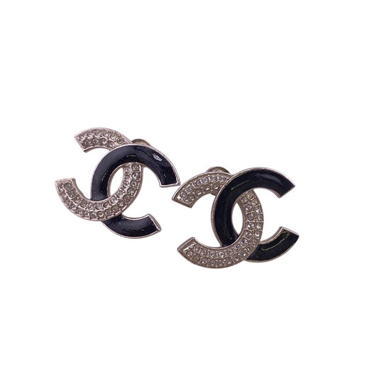 CHANEL Pierce A23K Silver, Rhinestone Silver COCO Mark Women Used Authentic