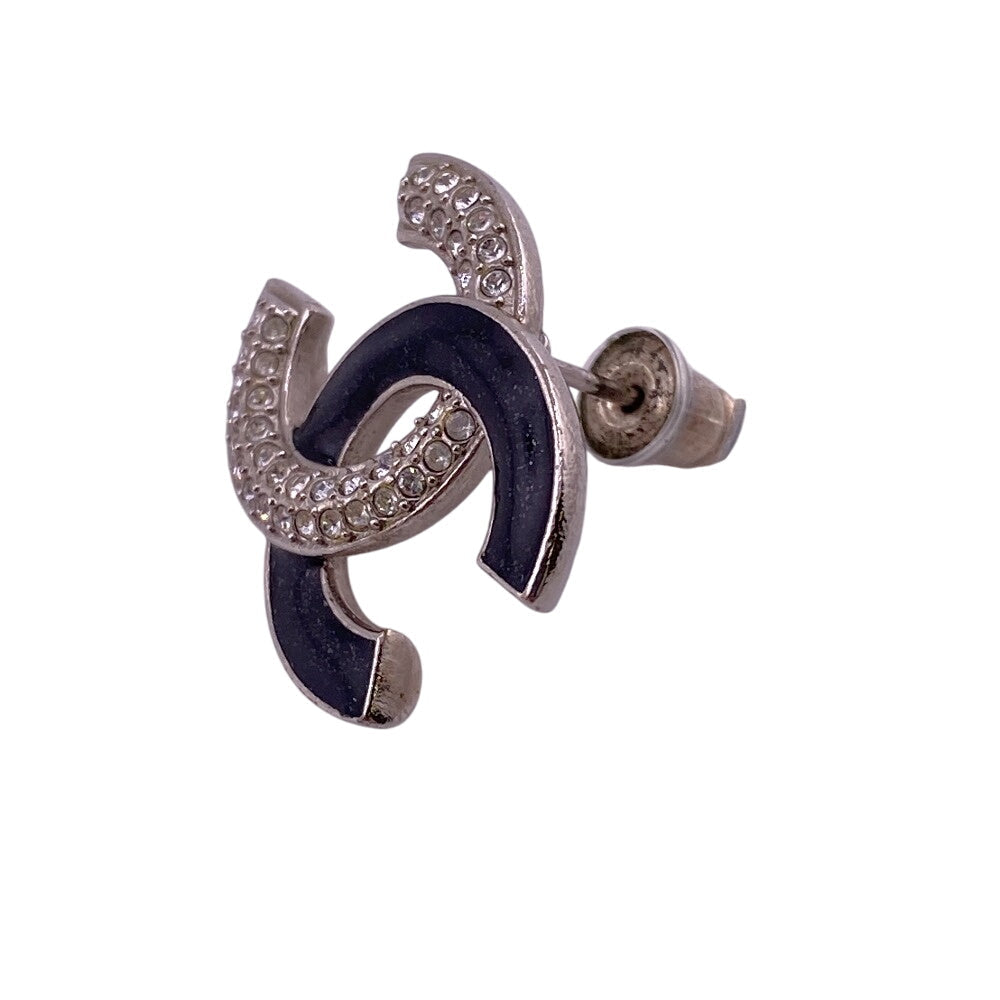 CHANEL Pierce A23K Silver, Rhinestone Silver COCO Mark Women Used Authentic